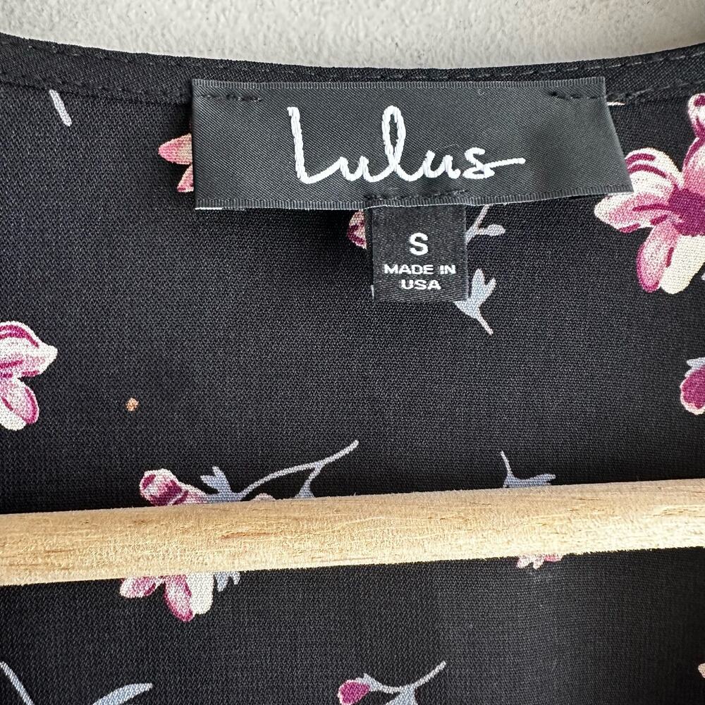 Lulus Love Blossoms Black Floral Print Button-Up Flounce Sleeve Dress S NEW - Picture 3 of 11